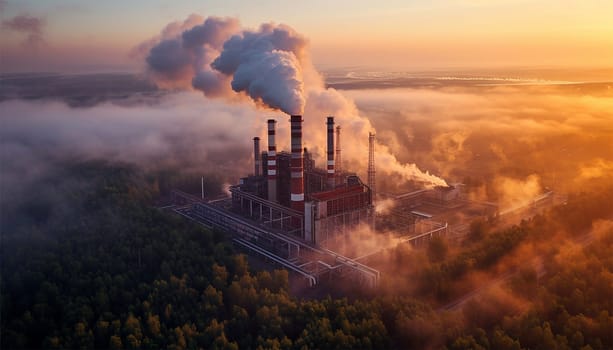 Power plant in the city. Industrial chimneys from factory. Metallurgy blue sky. Metallurgical industrial factory. Poisoned air. Epic pollution of nature. Toxic substances. smoke moving