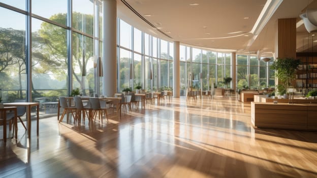 A beautiful modern spacious office hall with panoramic windows and a perspective in pleasant natural beige and brown tones.