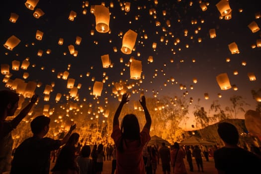 People holding floating lanterns during Yee Peng Festival. Generative AI.