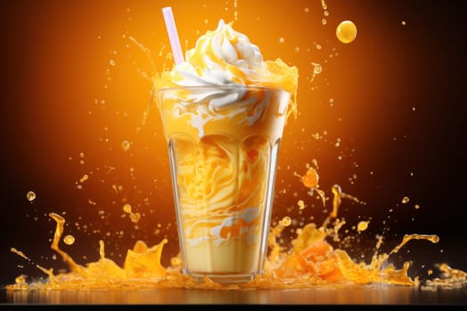 Mango smoothie frappe effect swirling wave Mango milk splash around glass. Generative AI.