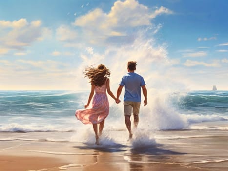 happy beautiful couple runs along the seashore in the spray of waves. couple on honeymoon, romantic dream vacation