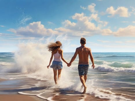 happy beautiful couple runs along the seashore in the spray of waves. couple on honeymoon, romantic dream vacation