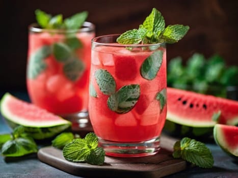 A cold summer cocktail, a watermelon margarita or mojito with watermelon and lime slices, crushed ice and mint. Seasonal refreshing drink on dark background.