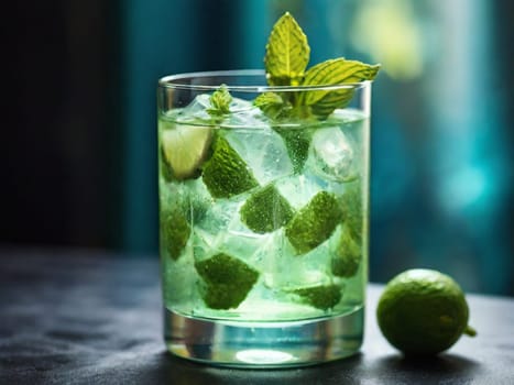 Fresh Mojito cocktail with lime, mint and ice in a glass glass on a dark background. Summer cold drink and cocktail