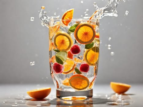 Summer orange lemonade. lime, orange with splashes falling into a glass glass.