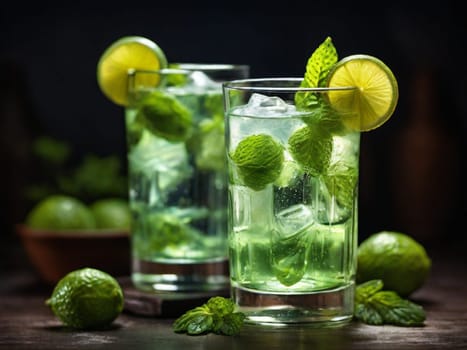 Fresh summer cocktail. Two glasses of Mojito with lime, mint and ice on a dark background. Summer cold drink and cocktail