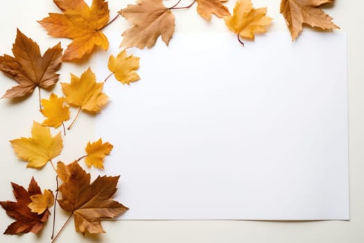 Autumn leaves on a white background With space for text. Generative AI.