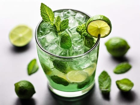 Mojito cocktail or carbonated drink with lime and mint. View from above.