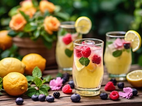 Glasses with fresh lemonade in summer greenery and flowers on a wooden table background, citrus and berry lemonade with raspberry ice frappe on a wooden tabletop on a summer garden background.