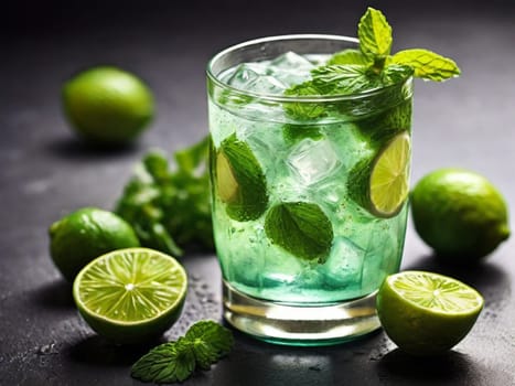 Fresh Mojito cocktail with lime, mint and ice in a glass glass on a dark background. Summer cold drink and cocktail