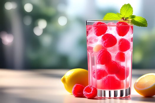 Spring or summer refreshing cold cocktail or cocktail with berries and lemon, raspberry lemonade with mint.