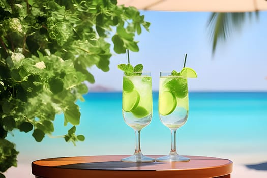 Two glasses of mojito drink with lime, mint and ice on a table on the beach in front of the sea. Summer cold drink and cocktail