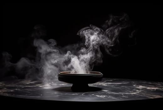 Empty round black podium with smoke on marble platform with black background for product display.