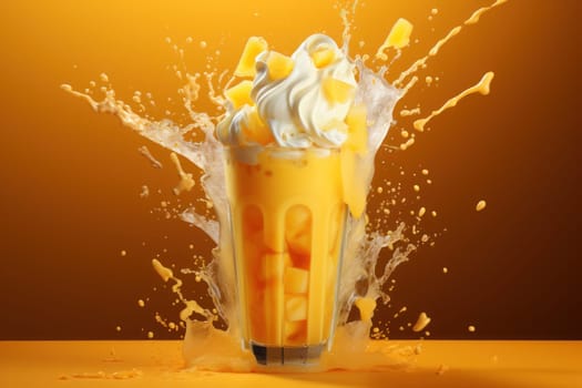 Mango smoothie frappe effect swirling wave Mango milk splash around glass. Generative AI.