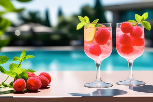 Spring or summer refreshing cold cocktail or cocktail with berries and lemon, raspberry lemonade with mint on the table by the pool