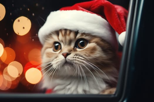 Cute cat in a Santa Claus costume Christmas blurred bokeh lights. Generative AI.