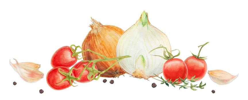 Fresh ripe cherry tomatoes on the branch, onion, garlic. Hand drawn watercolor illustration of red organic vegetable, close-up, vegetarian food, natural ingredient, package design element. Realistic botanical painting