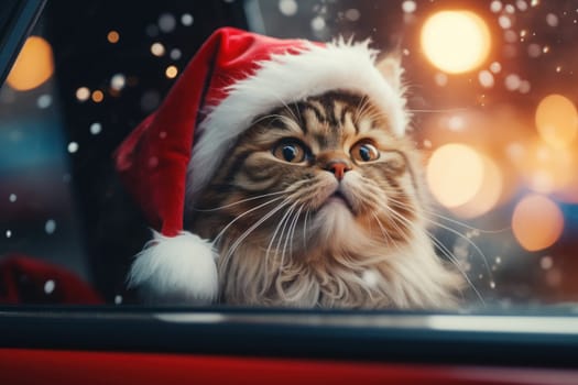 Cute cat in a Santa Claus costume Christmas blurred bokeh lights. Generative AI.