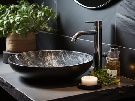 Stylish black marble vessel sink and chrome faucet. Interior design of modern bathroom.