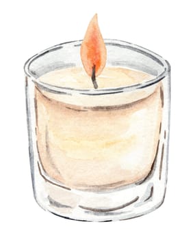 Watercolor burning candle in glass illustration isolated on white background