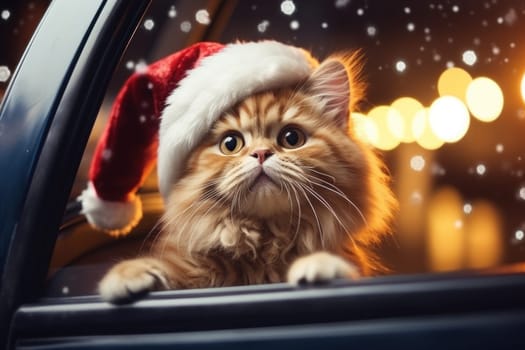 Cute cat in a Santa Claus costume Christmas blurred bokeh lights. Generative AI.