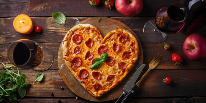 Heart shaped pizza for Valentines day on dark rustic wooden background pragma