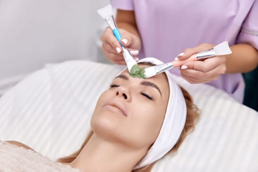 female beautician applies the mask to the face of beautiful woman in the spa salon. facial skin care