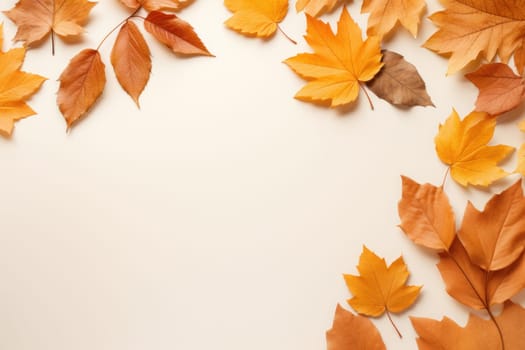 Autumn leaves on a white background With space for text. Generative AI.
