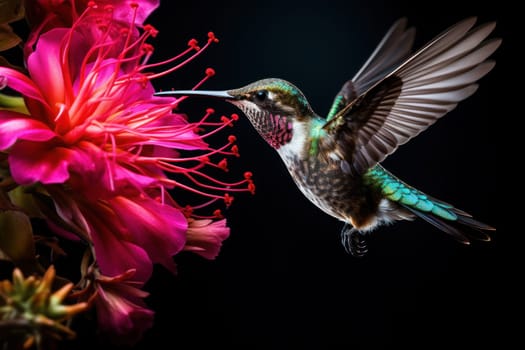 Hummingbird hovering next to flowers. Generative AI.