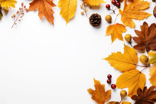 Autumn leaves on a white background With space for text. Generative AI.