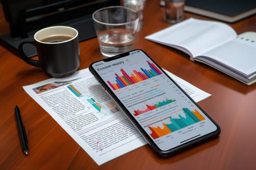 Smartphone is placed flat on the table with news words on it, and a financial chart. Generative AI.