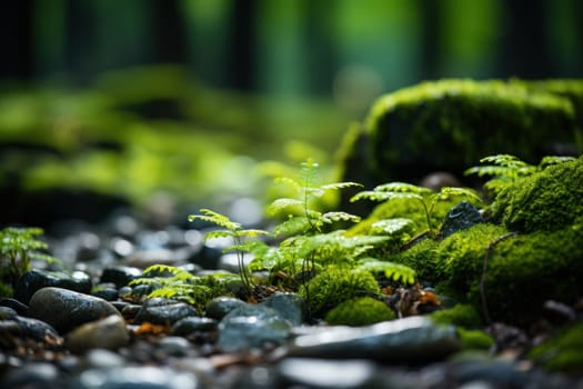 Beautiful Bright Green on the floor in the forest. Generative AI.