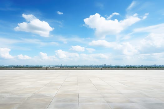 Blue Sky Background Cloud Horizon with Empty Concrete Floor. Generative AI.