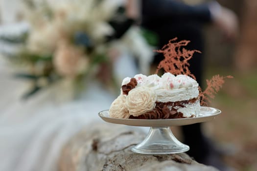 wedding autumn cake on the tree and wedding couple on the background