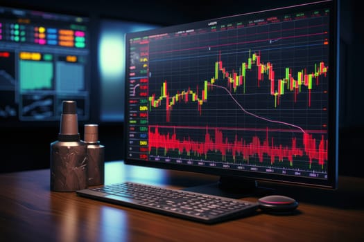 Business stock market, trading, info graphic shown on monitor display screen. Generative AI.