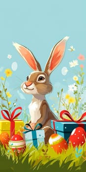 A vibrant Easter setting featuring a whimsical bunny among blooming flowers, colorful eggs, and gifts, with butterflies under a clear blue sky.