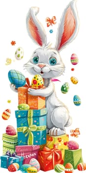 An exuberant Easter illustration captures a white bunny with vibrant ears, clutching a gift box, surrounded by a variety of colorful, patterned Easter eggs