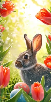 A delightful Easter illustration featuring a curious bunny surrounded by spring tulips and intricately painted Easter eggs, with butterflies in the sunny background.