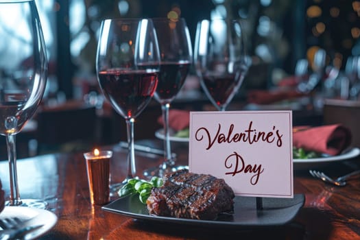 Valentines Day supreme luxurious dinner of steak and wine in restaurant pragma