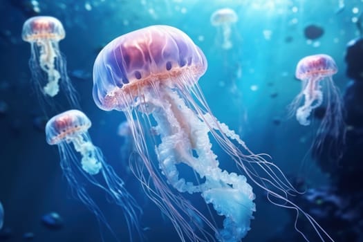 Jellyfish swimming under sea pastel blue background. Generative AI.