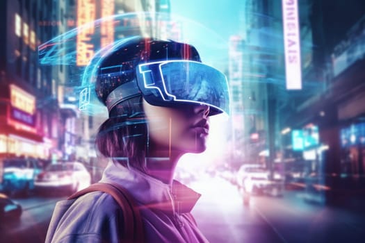 Double exposure photography of closeup VR gamer and the beautiful sci-fi city. Generative AI.