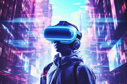 Double exposure photography of closeup VR gamer and the beautiful sci-fi city. Generative AI.