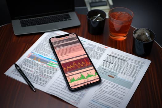 Smartphone is placed flat on the table with news words on it, and a financial chart. Generative AI.