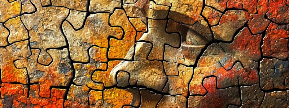 Puzzle pieces with ancient cave painting style artwork on a textured stone background