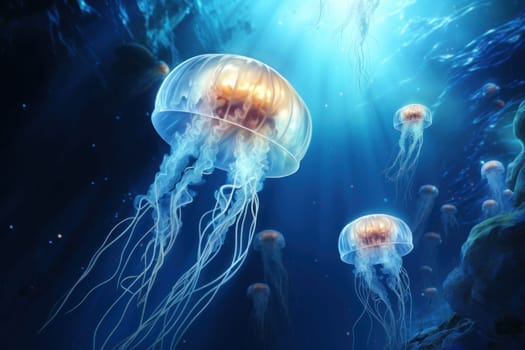 Jellyfish swimming under sea pastel blue background. Generative AI.