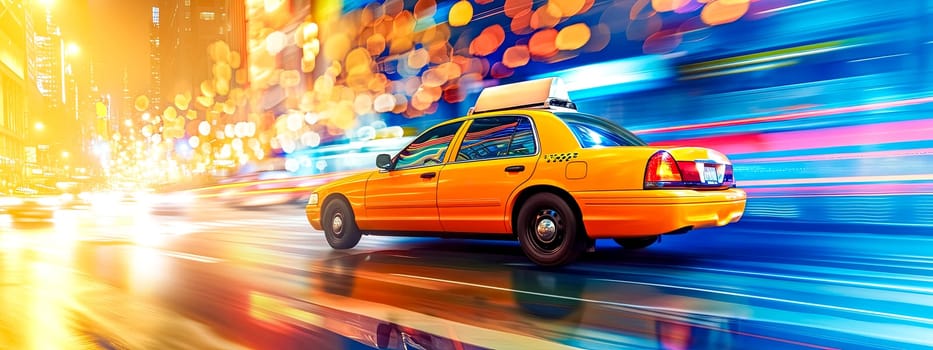 Speeding yellow taxi on a vibrant city street with motion blur and colorful light bokeh. copy space