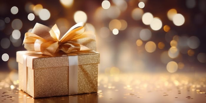 Christmas gift box in a shiny package with a bow on a bokeh background. Generative AI.