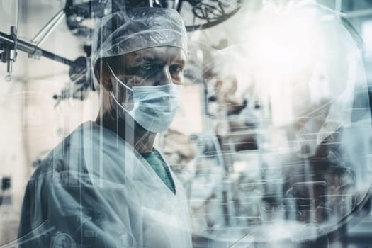 Double exposure photography of closeup doctor and the hospital operating room. Generative AI.