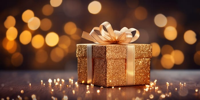 Christmas gift box in a shiny package with a bow on a bokeh background. Generative AI.