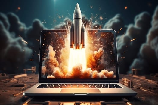 Launching Space Rocket From Laptop Screen. Generative AI.